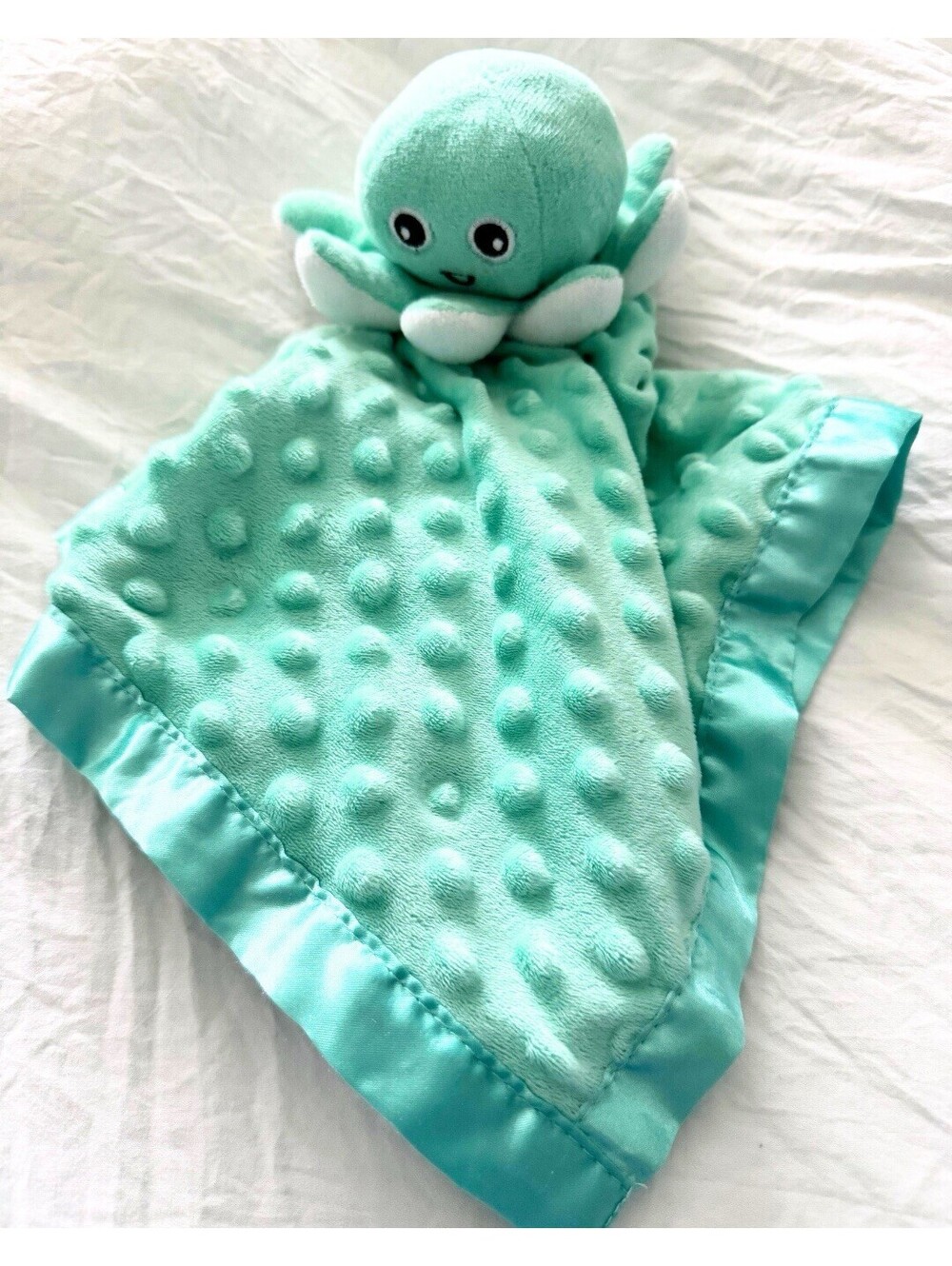 Mint Green Octopus Baby Lovey Security Blanket Minky Dot Plush Satin Trim
